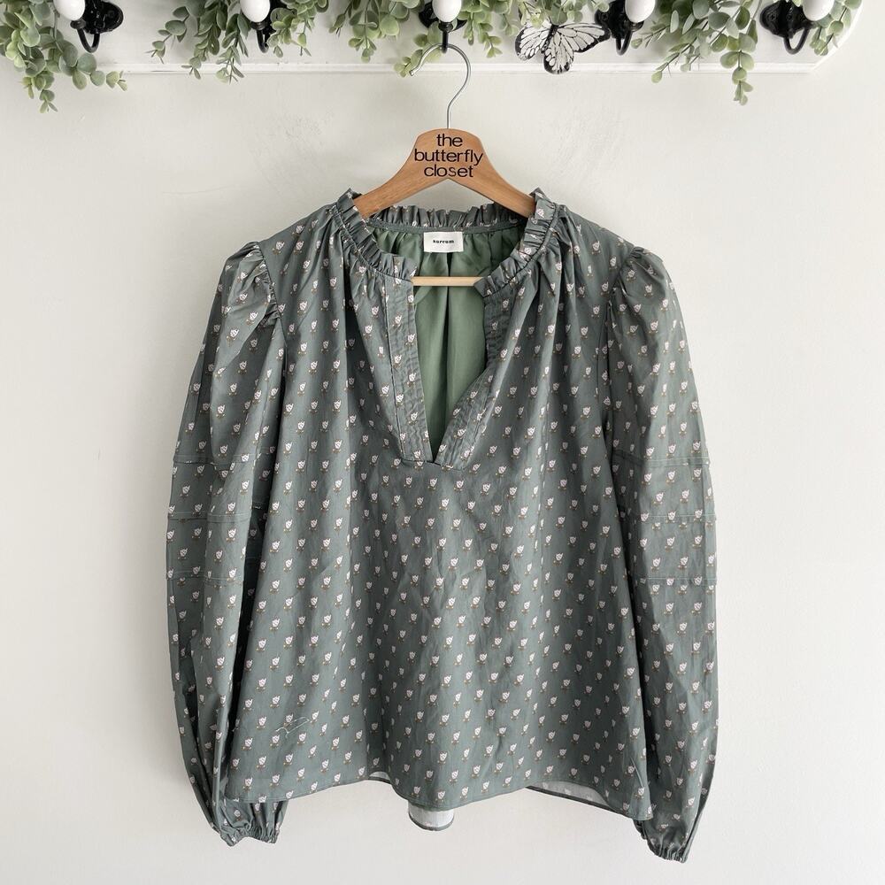 Aureum Green Floral Ruffled V-neck Puff Long Sleeve Boho Blouse Size M e4770